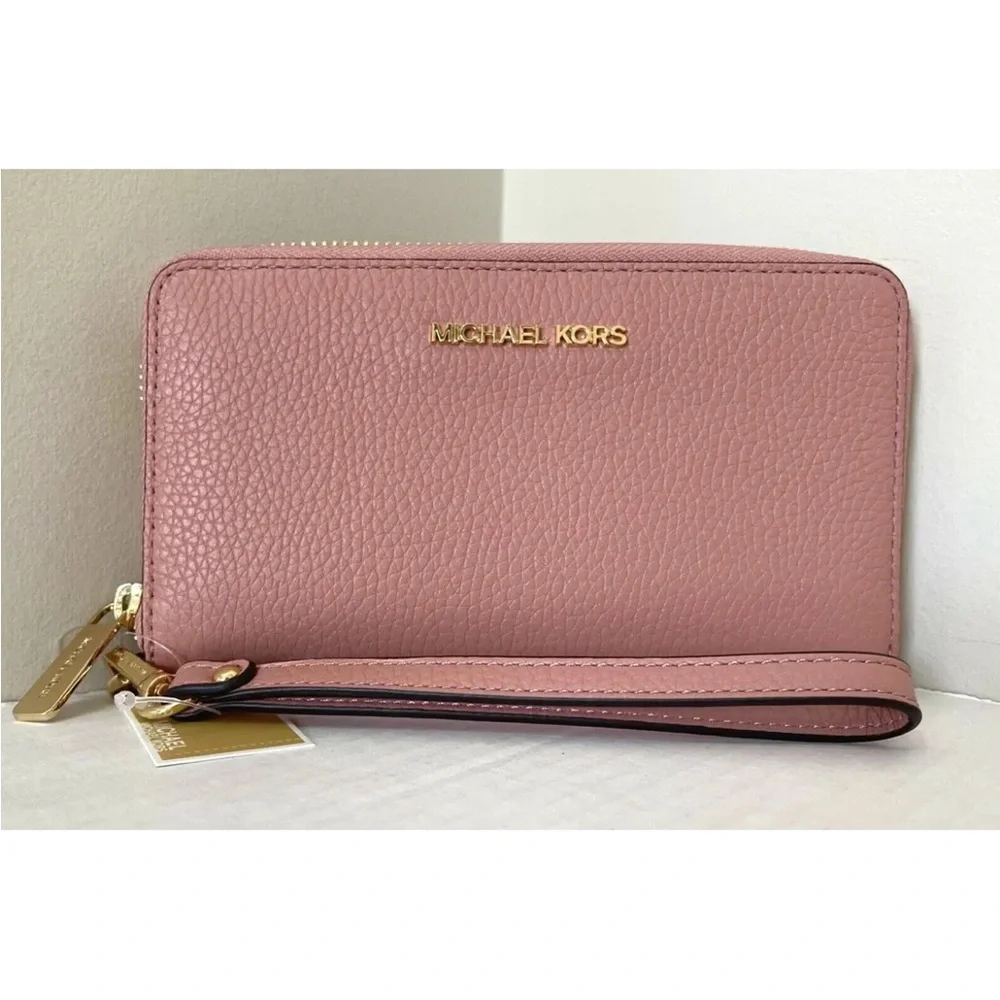 New Michael Kors Jet Set Travel Large Flat phone case Pebble Leather Sunset Rose